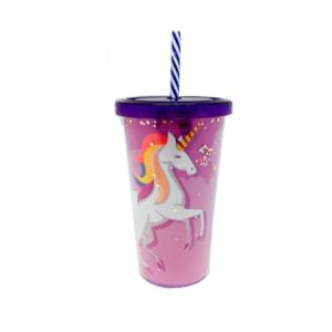 Copo unicórnio 470 ml com canudo roxo