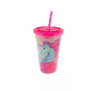 Copo unicórnio 470 ml com canudo rosa