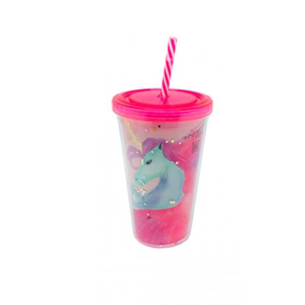 Copo unicórnio 470 ml com canudo rosa