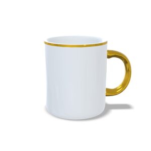 Caneca branca com alça e borda dourada