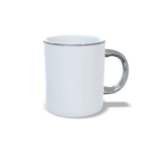 Caneca branca com alça e borda prata